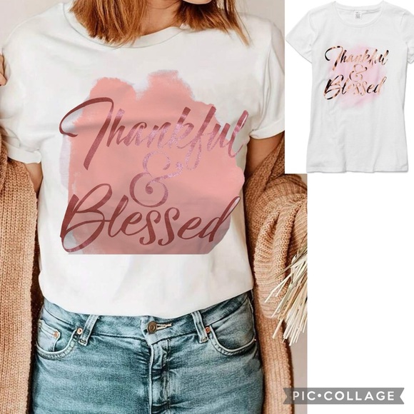 NWT! Press Lab Thankful & Blessed Short Sleeve Inspirational Graphic T-Shirt - Picture 5 of 12